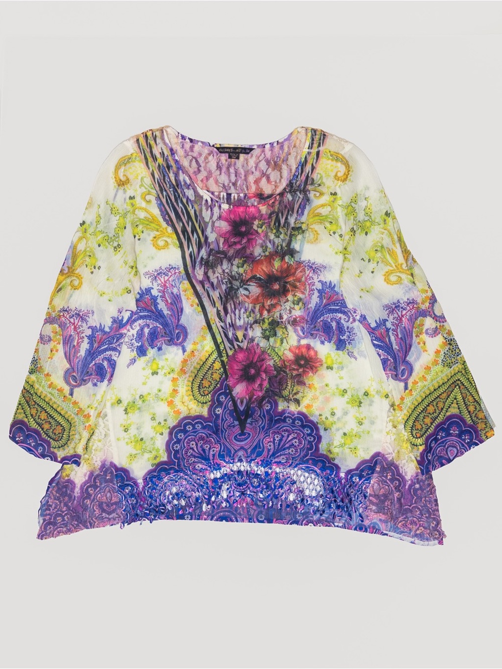 Floral Paisley Print Scoop-Neck Women's Top in Purple & White